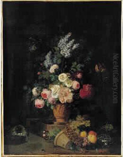 Nature Morte Au Bouquet De Fleurs Dans Un Vase Orne Debas-relief Et Corbeille De Fruits - view 1