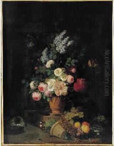Nature Morte Au Bouquet De Fleurs Dans Un Vase Orne Debas-relief Et Corbeille De Fruits by Jean Louis, Le Jeune Prevost