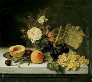 Blumen- Und Fruchtestilleben Mit Halbiertem Pfirsich. by Emilie Preyer
