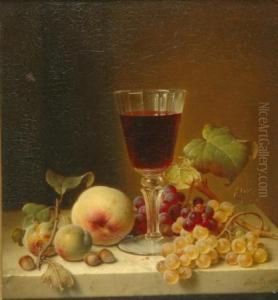 Grapes, Oysters, Lemon, Almonds And A Flute Of Champagne On Adraped Ledge by Johann Wilhelm Preyer