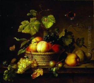 Still Life With Grapes, Peaches, Pear And Plums With Insects On Amarble Ledge by Johann Wilhelm Preyer
