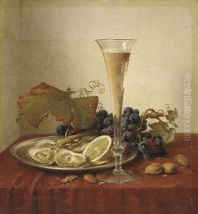 Grapes, Oysters, Hazlenuts And A Champagne Flute On A Draped Ledge by Johann Wilhelm Preyer