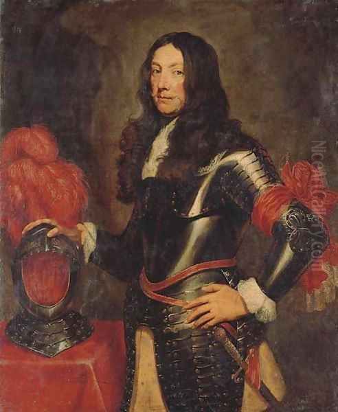 Portrait of a gentleman in armour, three-quarter-length, with a plumed helmet on a table beside - view 1