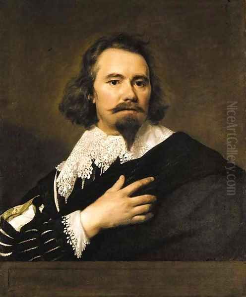 Portrait of a gentleman, bust-length, in a black doublet and white lace collar, a black cloak draped around his shoulder - view 1