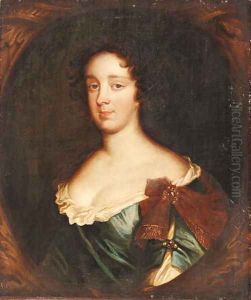 Portrait of a lady, bust-length, in a blue dress, in a painted cartouche by Sir Anthony Van Dyck