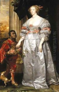 Portrait of a lady, full-length, in a white satin dress, a liveried page-boy holding a bowl of roses at her side by Sir Anthony Van Dyck