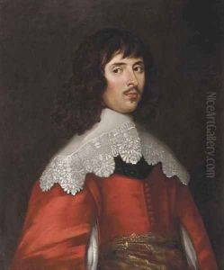 Portrait of a man, half-length, in a red costume with slashed sleeves and a white collar by Sir Anthony Van Dyck