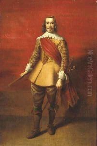 Portrait of a Nobleman, full-length, in a gold embroidered yellow costume with lace cuffs and collar and a red sash by Sir Anthony Van Dyck