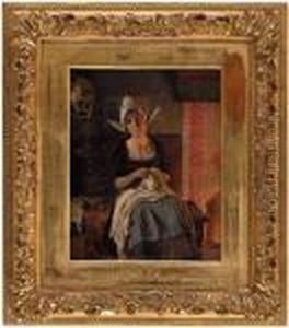 Im Kaminzimmer Sitzende Junge Frau Beim Nahen by Alois Heinrich Priechenfried