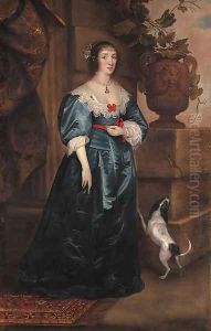 Portrait of Mary, Lady Gerard, of Bromley, full-length, in a blue dress, a dog at her side, beside a classical urn on a plinth on which rests a lizard