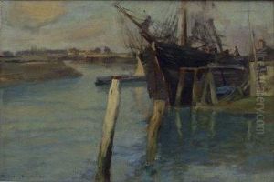 'ebb Tide' - Moored Sailing Ship In An Estuary by Bertram Walter Priestman