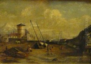 British River Estuary With Ships Moored, The Town Beyond by Bertram Walter Priestman
