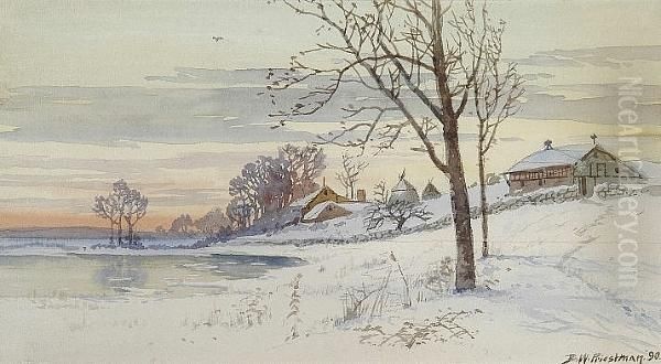 Lakeside Farm In The Snow At Sunset - view 1