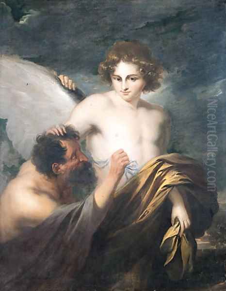 Daedalus attaching wings to Icarus - view 1