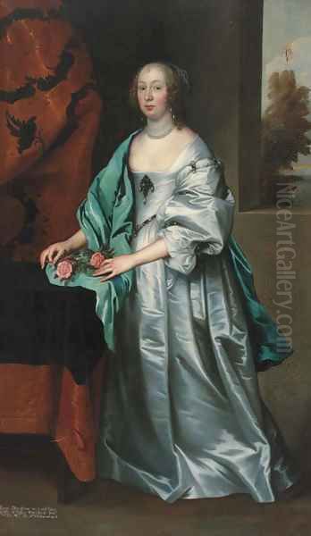 Portrait of Mary, Countess of Westmorland, full-length, in a grey satin dress and a blue wrap, with a sprig of blossom in her right hand - view 1