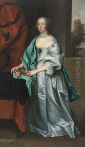 Portrait of Mary, Countess of Westmorland, full-length, in a grey satin dress and a blue wrap, with a sprig of blossom in her right hand