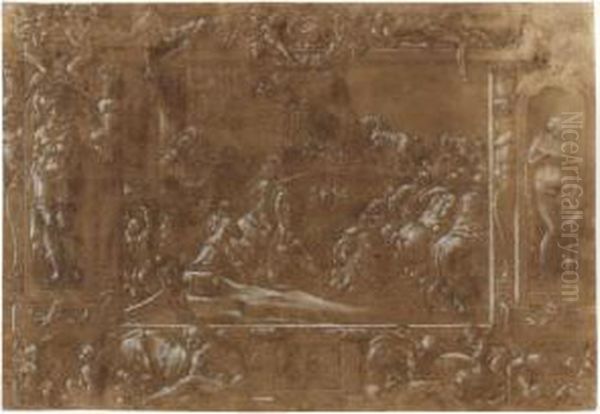 Design For A Wall Decoration: 
The Trojans Bringing The Wooden Horse Into Their City Walls, With 
Ornamental Borders Including Venus And Mars - view 1