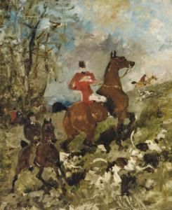 Le Comte Geoffroy De Ruille Et Son Fils A La Chasse by Rene Pierre Princeteau
