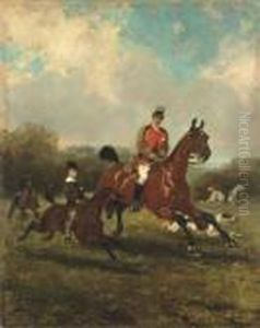 Le Comte Geoffroy De Ruille 
Chassant A Courre, Son Fils A Sescotes, Le Chateau De Gallerande Au Fond by Rene Pierre Princeteau