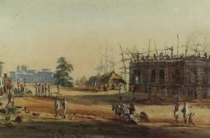 Figures And Oxen Before A House Covered In Scaffolding,calcutta