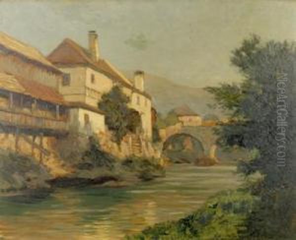 Hauser Am Flus Mit Steinbrucke - view 1