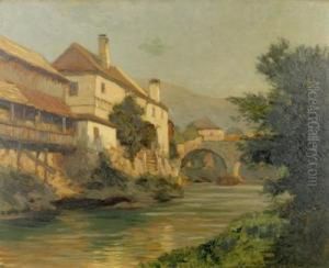 Hauser Am Flus Mit Steinbrucke by Karl Ludwig Prinz