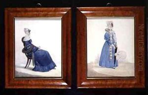 Two portraits of a Seated and a Standing Lady in Blue Dresses by Richard Dighton