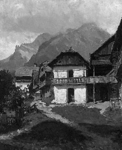 "gebirgsdorf". Sign. Ol Auf
 Holz. 62 X 50 Cm. Rahmen