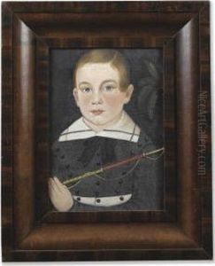 Portrait Of A Young Boy In Gray Costume With Black Buttons Holding A Whip; Leaf At Right