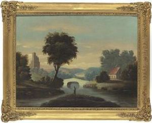 A Landscape: Fishermen By A River With Cottage And Ruined Castle