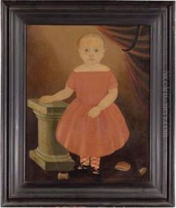 Portrait Of A Young Blond Boy 
With Red And White Argyle Socks, Posed With Pedestal, Shells And Spool 
Of Thread