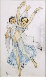 [danseurs]. Dessin Aquarelle, Monogramme En Bas A Gauche.