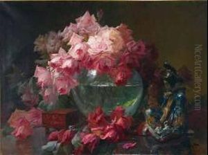 Still Life Of Roses And Japanese Figurine by Privat Livemont