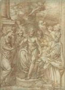 Saint John The Baptist Flanked By Saint Barbara And Othersaints by Camillo Procaccini