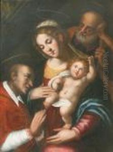 The Holy Family Adored By A Kneeling Cardinal by Giulio Cesare Procaccini