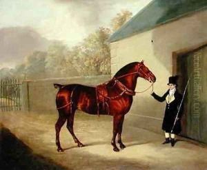 A Carriage Horse and a Groom at a Stable by David of York Dalby