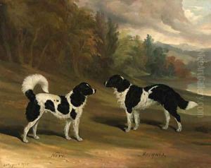 Nero and Marquis, two Landseer newfoundlands, in a wooded lake landscape by David of York Dalby