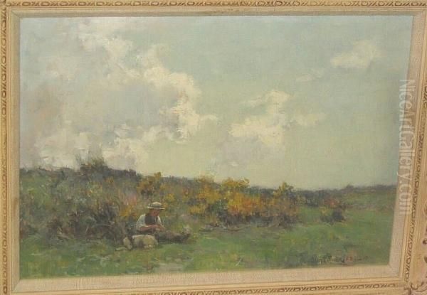 Boy And His Dog Resting In A Field - view 1