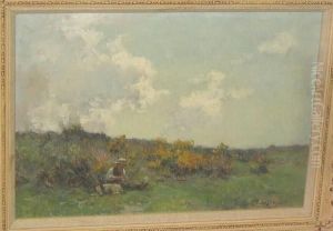 Boy And His Dog Resting In A Field