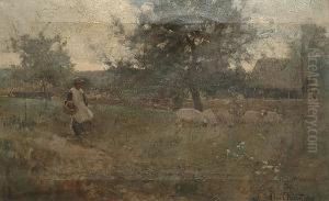 A Girl With Sheep By A Farmstead