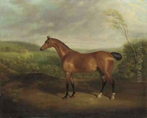 Cock Robin, a chestnut hunter in a wooded landscape with a mansion beyond