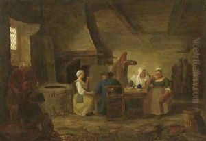 The interior of an inn with peasants seated by a table drinking tea by Leonard Defrance