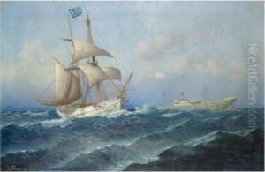Greek Vessels On Choppy Waters by Emilios Prosalentis