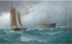Sailing Boat And Steamship At Sea by Emilios Prosalentis
