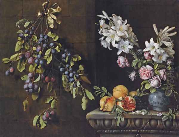 Branches of plums tied with a ribbon and suspended from a nail, with lilies and roses in a blue and white porcelain vase - view 1