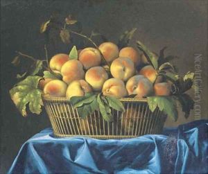 Peaches in a wicker basket on a draped table by Pierre Dupuis