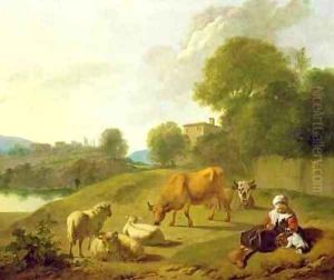 A River Landscape with Cattle Sheep and a Young Girl Playing with a Dog by Simon van der Does