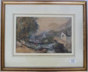 Figures Fishing,a Bridge And Cottages Nearby by John Skinner Prout