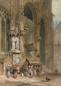 A Crowd Gathering By A Fountain by John Skinner Prout