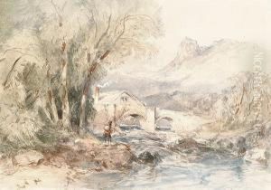 An Angler Beside A Rushing River by John Skinner Prout